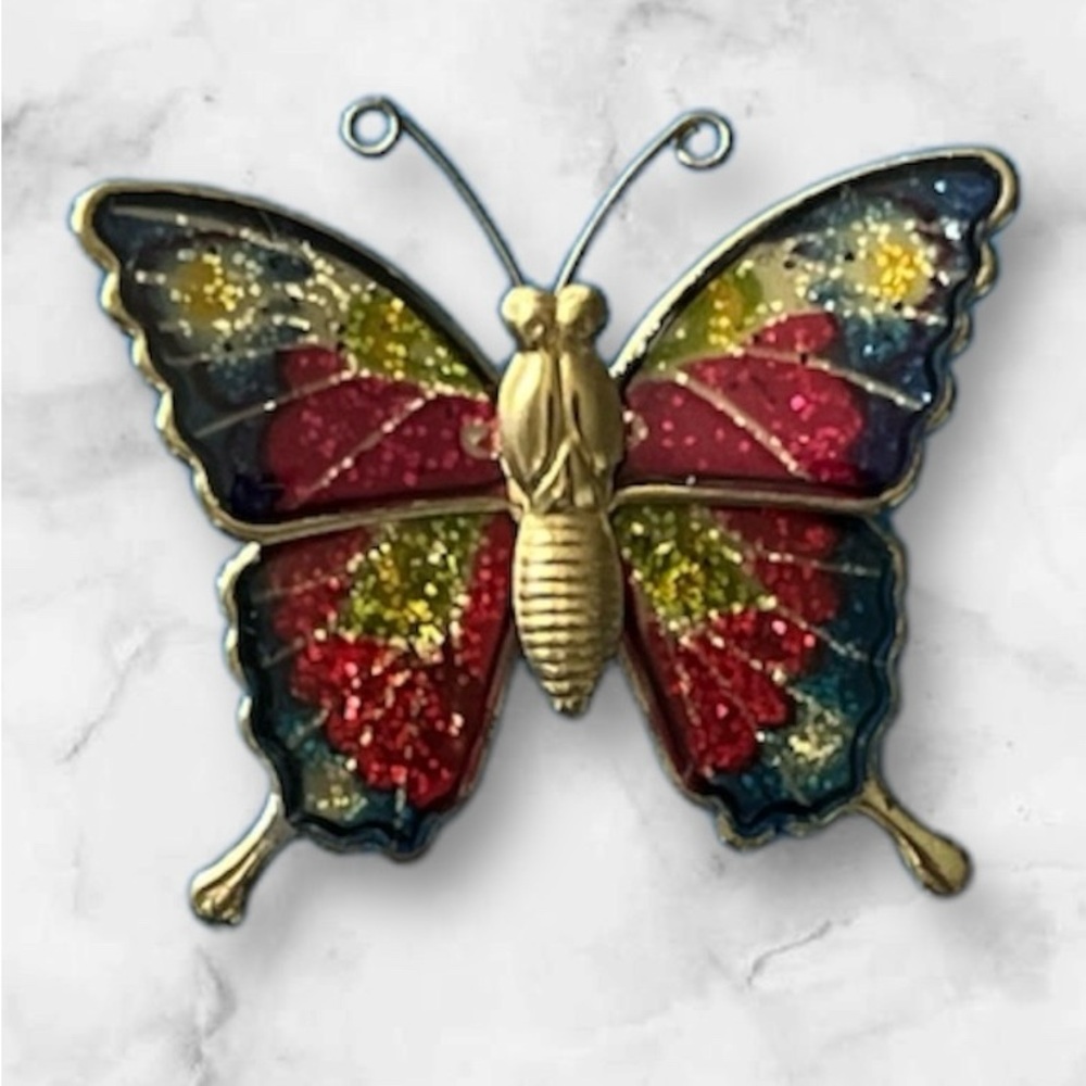 Vintage Butterfly Brooch Blue Red Gold Enamel and Glitter Pin